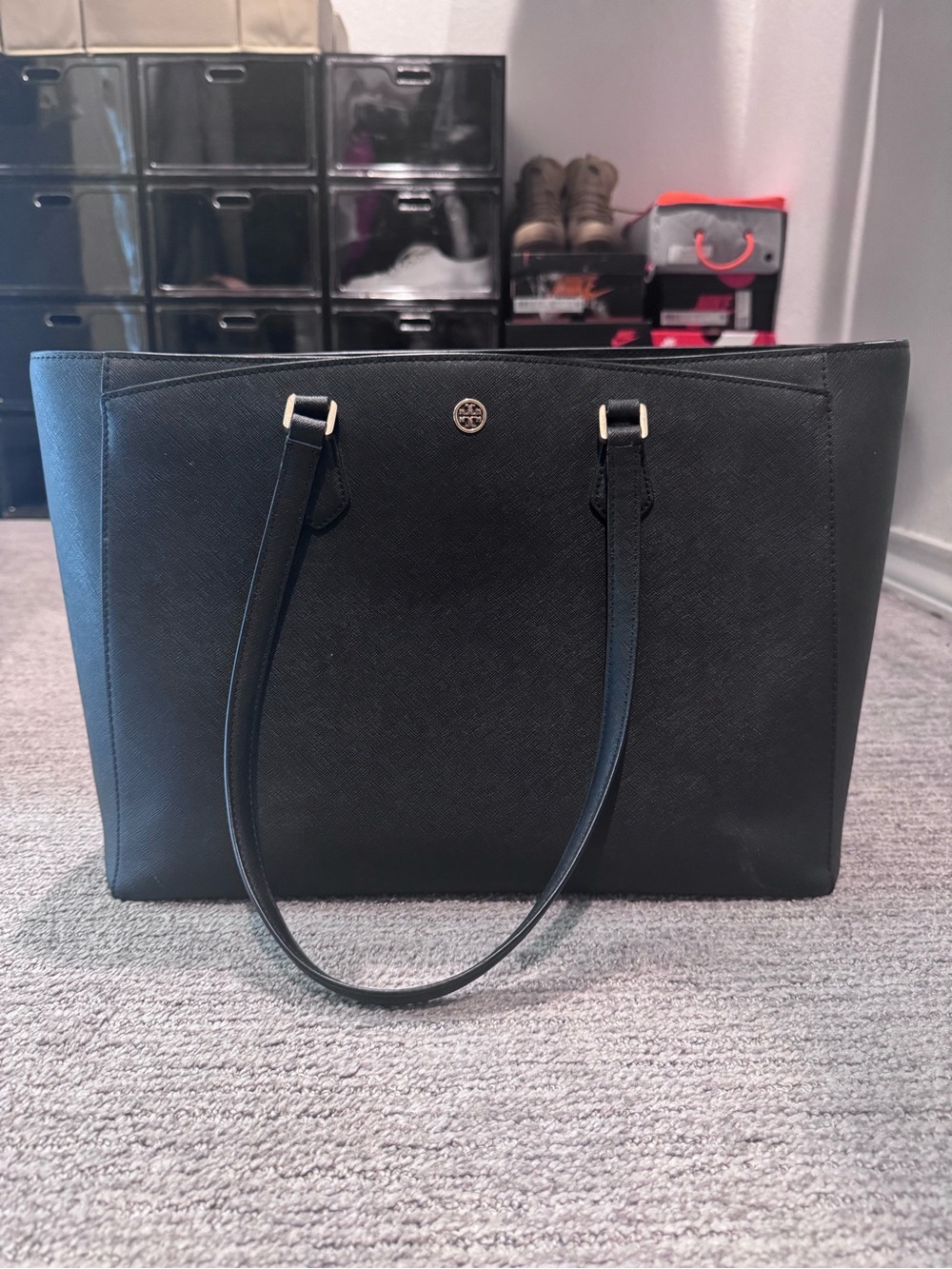 Tory Burch Black Saffiano Leather Tote with Gold Logo